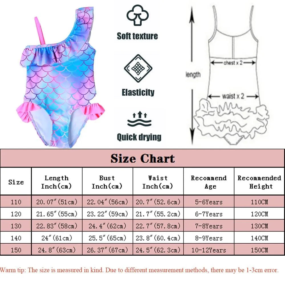Girls' scale printed flounced gradient one-piece nylon swimsuit in Pattern 3, sizes 90-130