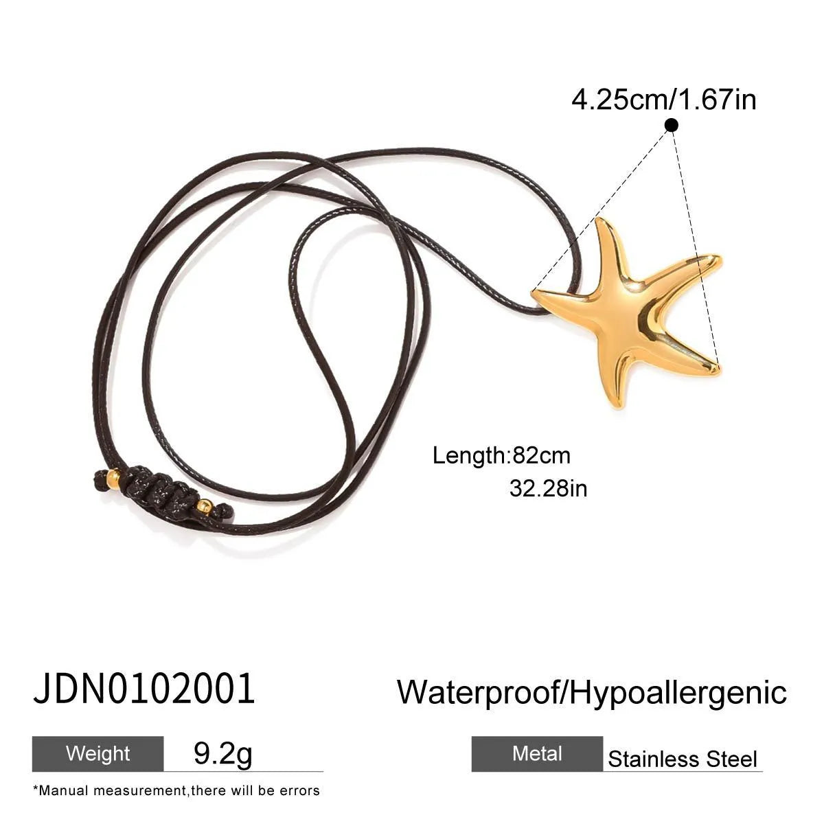 Women's titanium steel starfish pendant necklace on regular stainless steel chain, adjustable 41 to 50cm