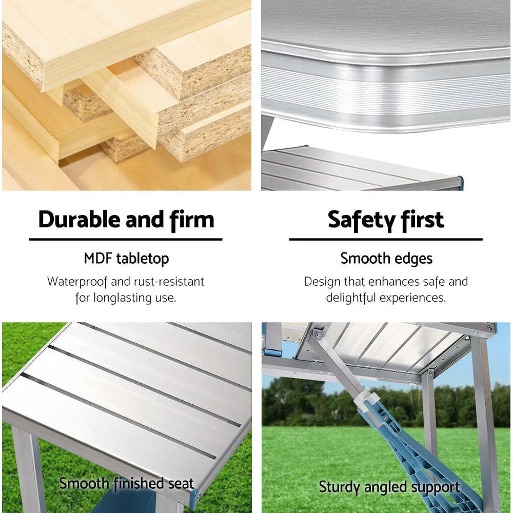 Aluminium alloy one-piece folding table and chair set in silver grey or blue, folded and expanded views, 85.5cm tabletop