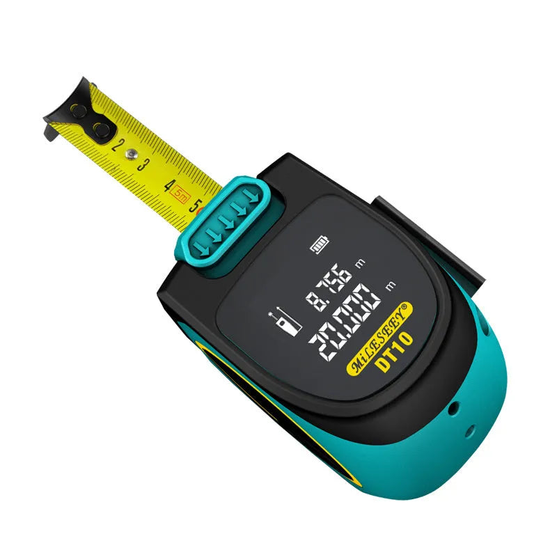 2-in-1 laser tape measure tool with 5m nylon coated blade and magnetic hook on a metal surface
