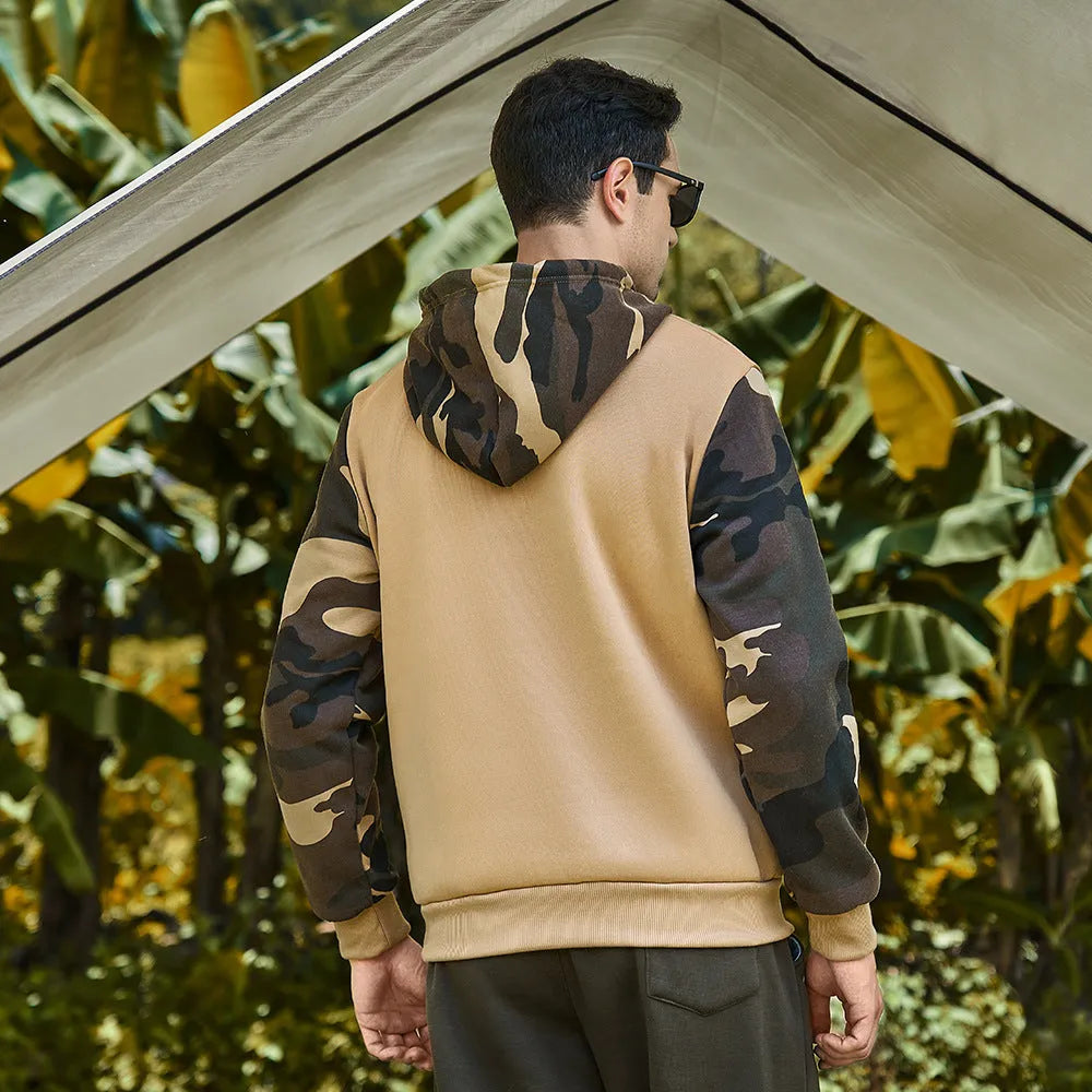 Men's casual hooded sweater in camouflage colour block polyester, available in Army Green, Black, and Khaki.