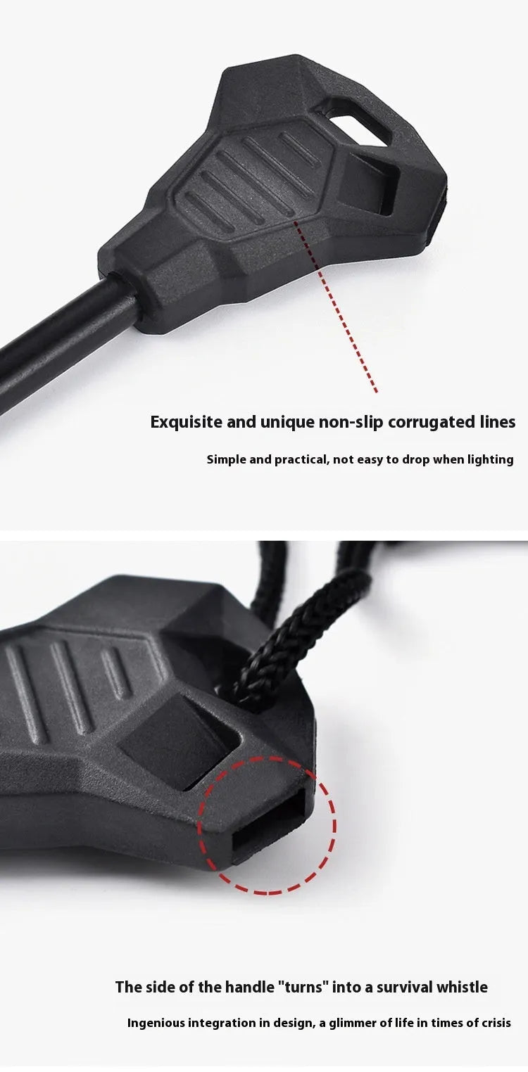 Black outdoor survival multi-tool showing magnesium rod flint and stainless steel scraper with multiple functions.