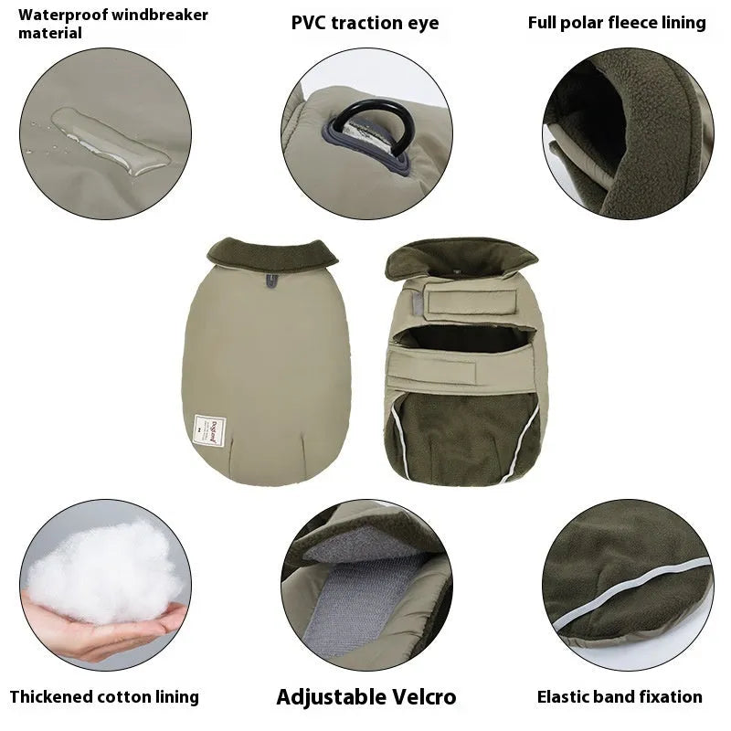 Dog wearing lapel turtleneck cotton-padded vest in khaki green colour for cold weather protection
