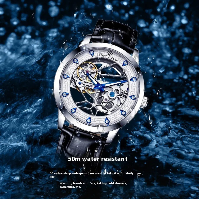 Men's silver mechanical watch with white dial, blue hands, and black leather strap on wrist