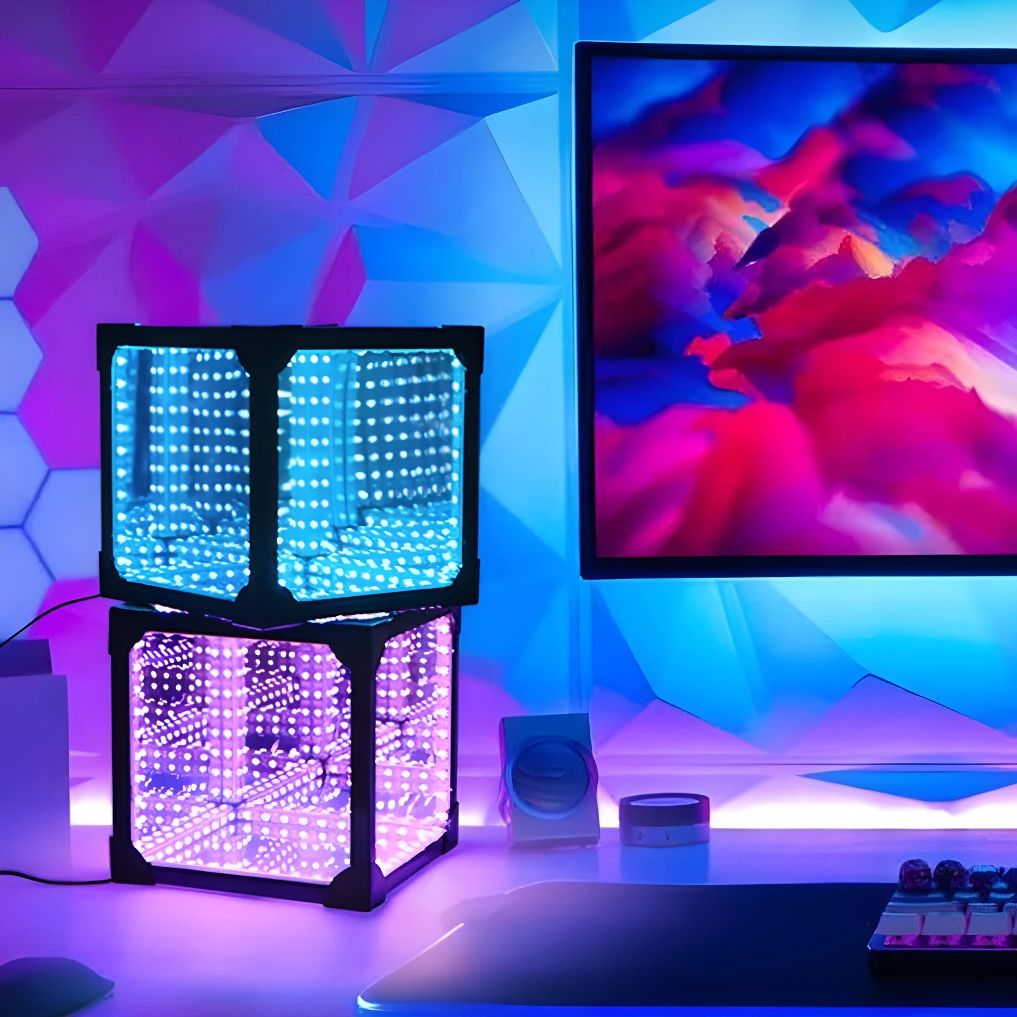 Thousand Mirrors 3D magic cube RGB LED lamp in black with remote control on desk