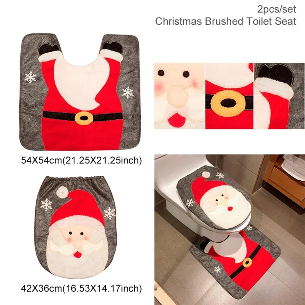 Flannel Christmas bathroom set with Santa toilet cover, shower curtain, footpad, and tank cover
