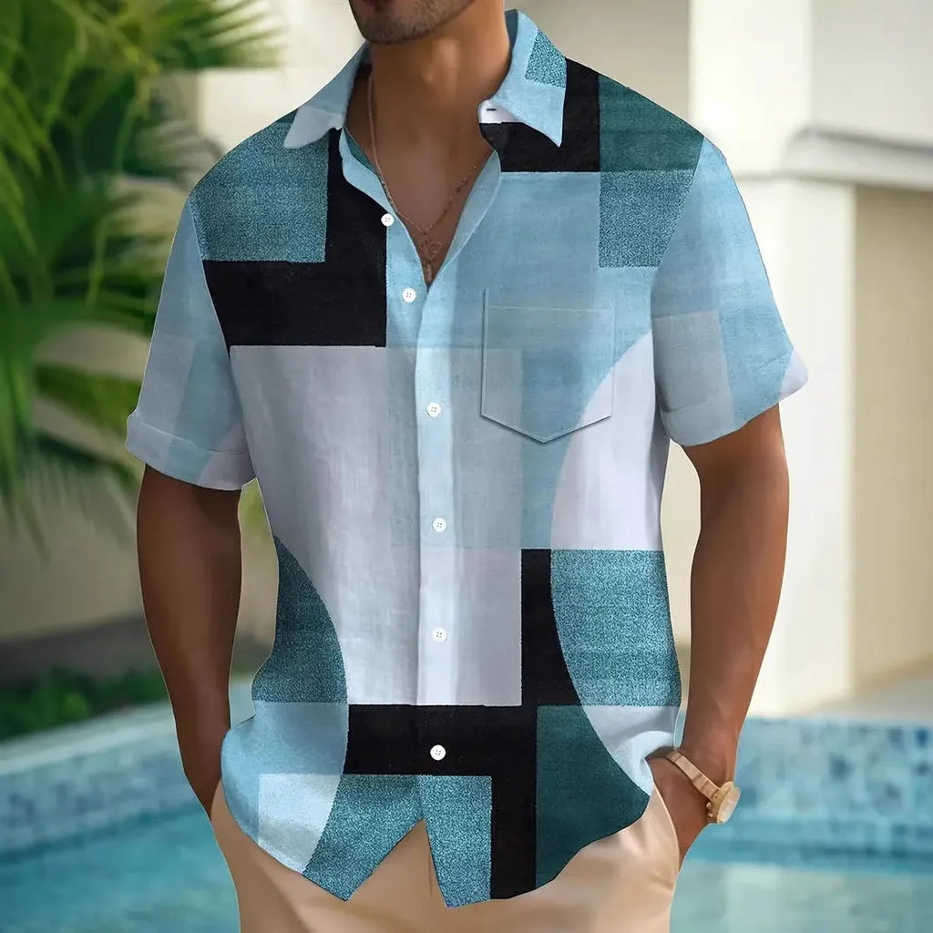 Men's geometric print cardigan shirt with 3D contrast squares in loose fit short sleeve design