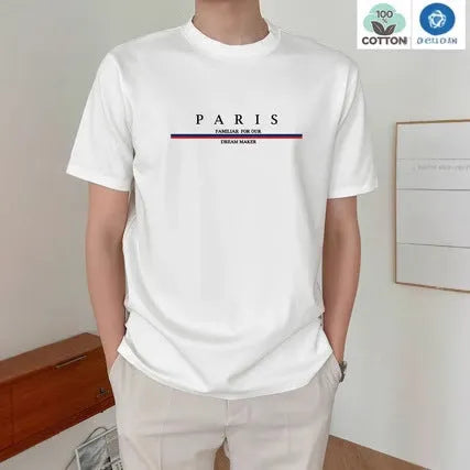Men's casual cotton T-shirt with letter printing in loose fit, shown in apricot colour
