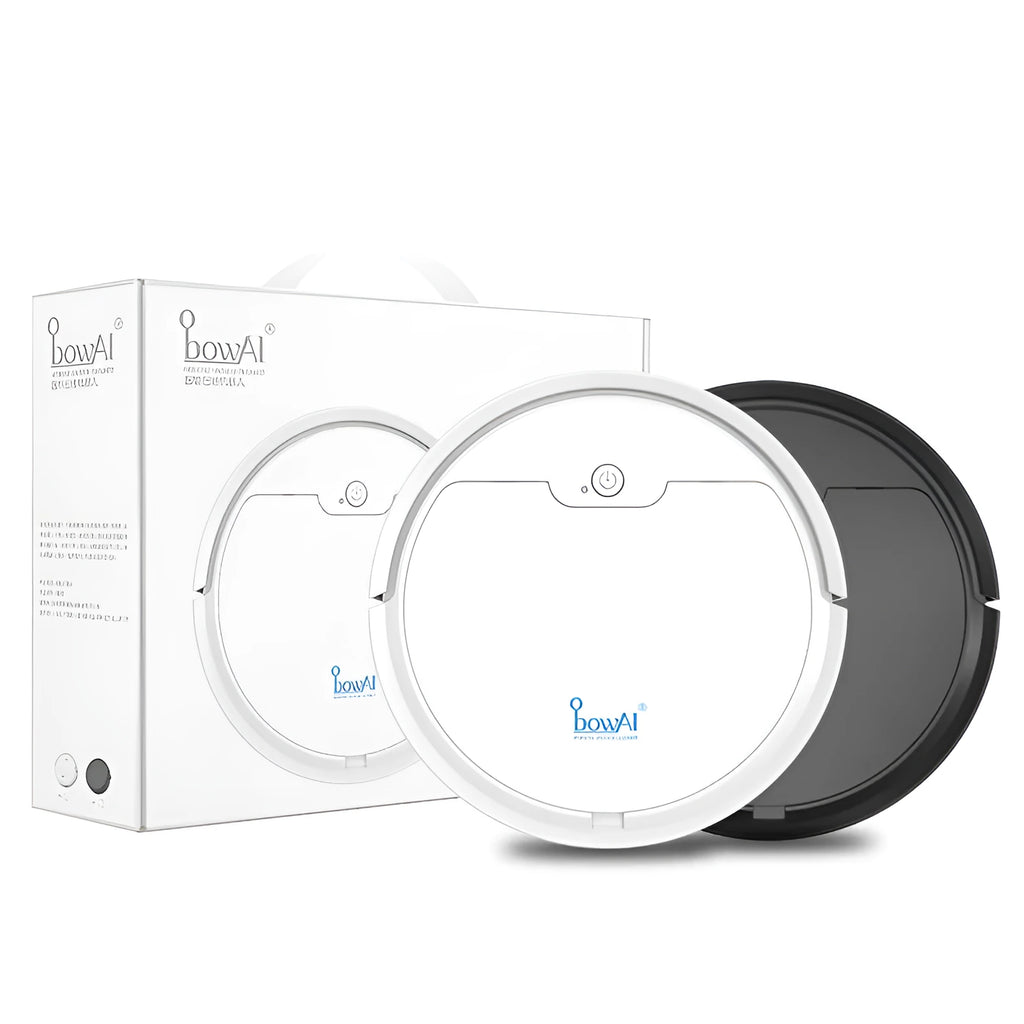 Bluetooth timing robot vacuum cleaner in black or white, 27.8 cm x 7.8 cm, USB powered, 400 ml capacity