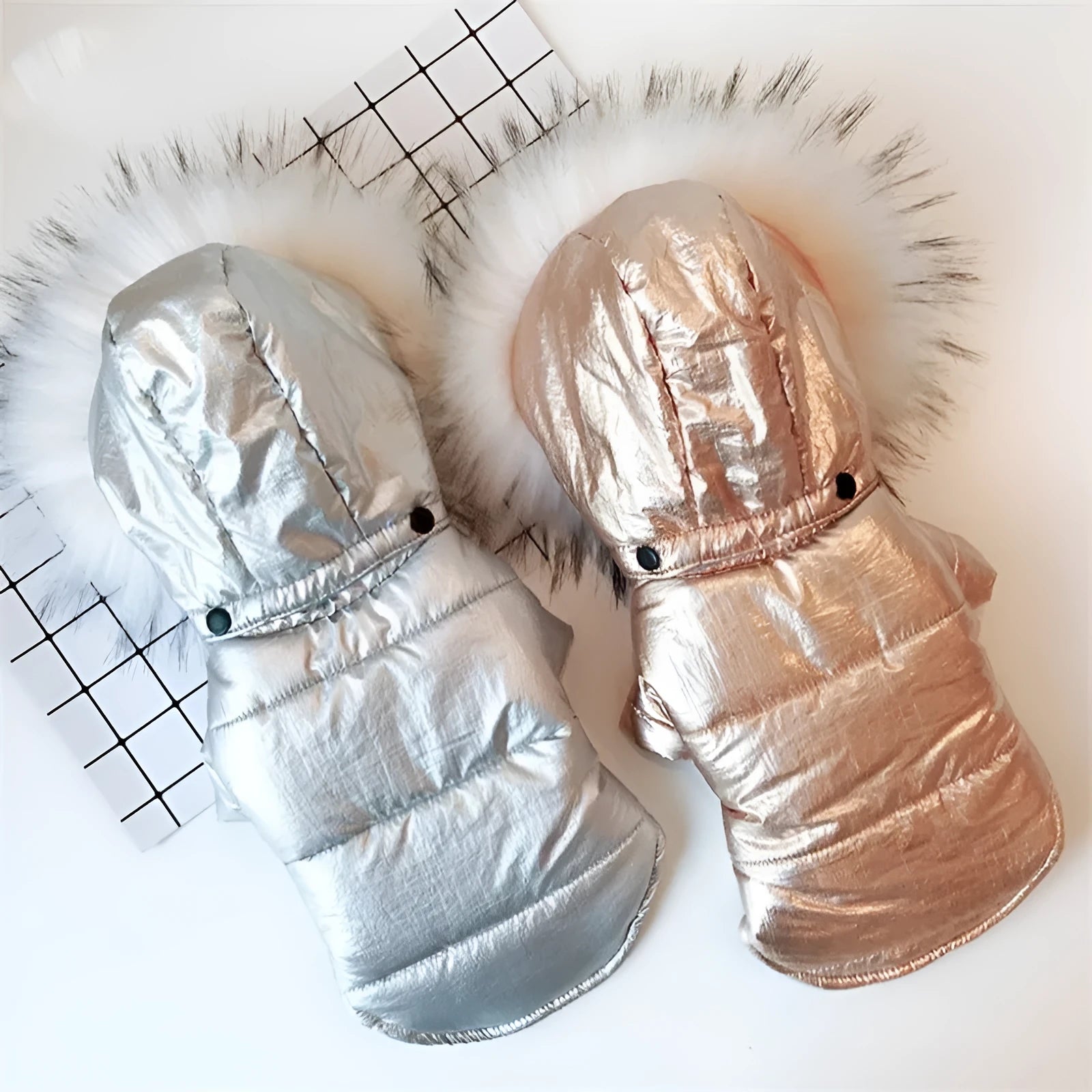 Thicken dog clothes in bright gold with large fur collar, cotton-padded winter coat for dogs