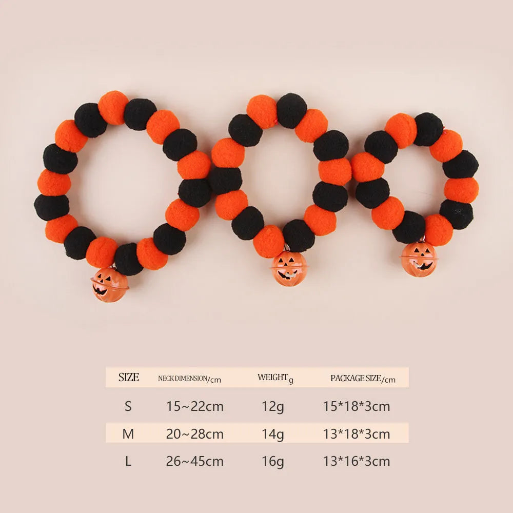 Halloween pumpkin pet collar with adjustable band, satin ribbon bow, and bell for cats and small dogs