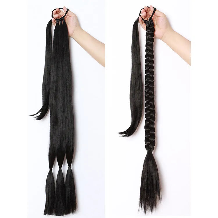 Winding ponytail wig in brown black, high-temperature fibre, non-hot dyed, on a stand.