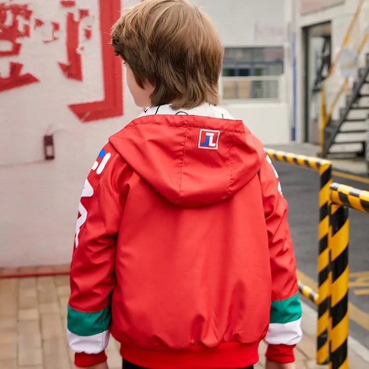 Boys hooded polyester sports jacket in royal blue for autumn winter, long sleeves, size 120-160cm