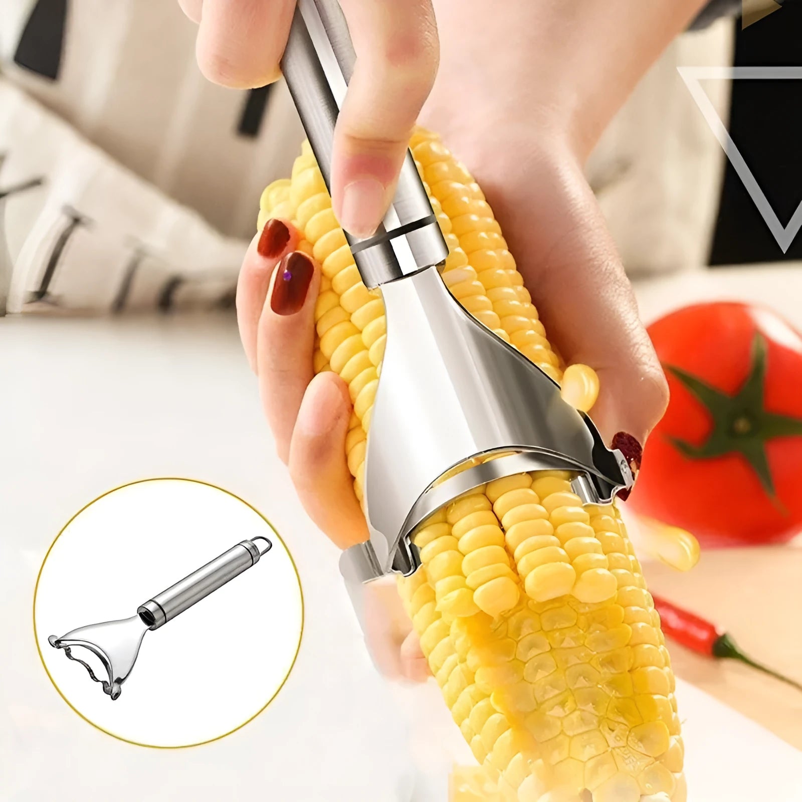 Stainless steel corn planer kitchen tool for removing kernels from corn, 18cm long.