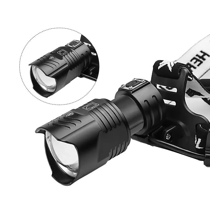 Black aluminium alloy USB charging head torch with telescopic zoom lens and three lighting modes