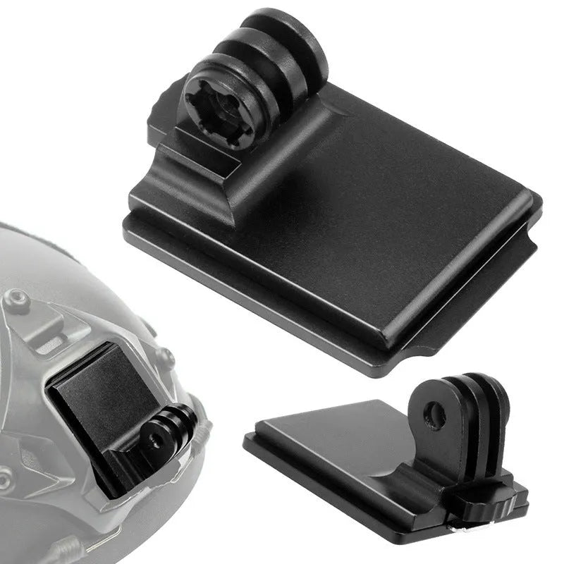 Aluminium alloy action camera helmet mount shown in classic colour next to a fixing bracket.