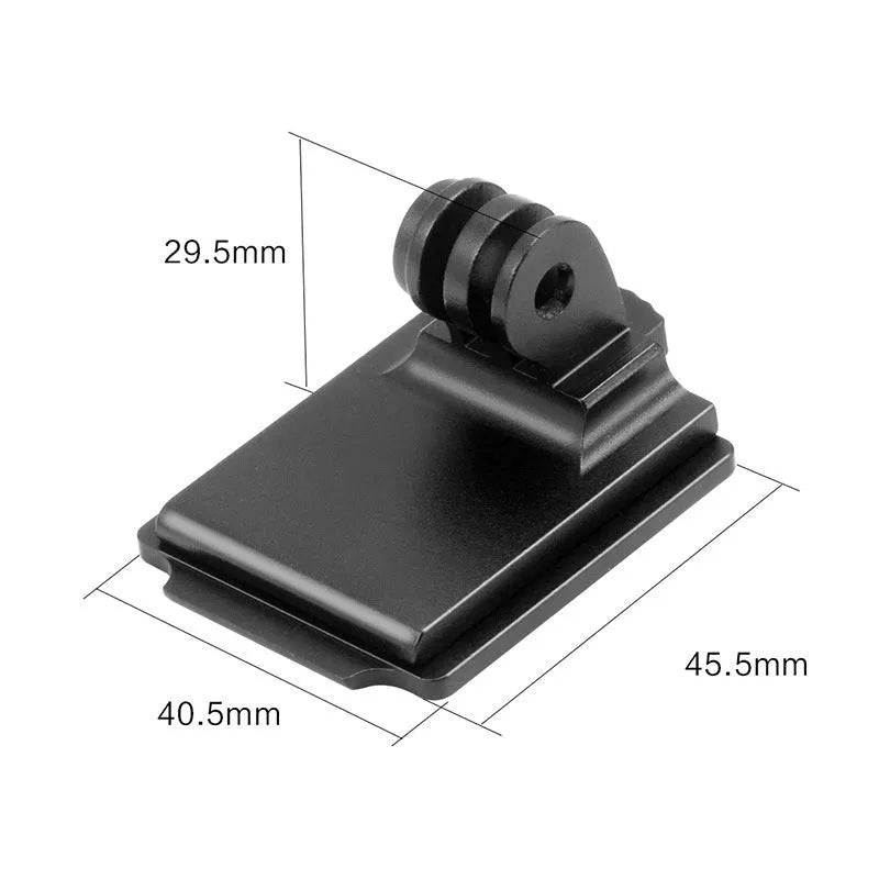 Aluminium alloy action camera helmet mount shown in classic colour next to a fixing bracket.