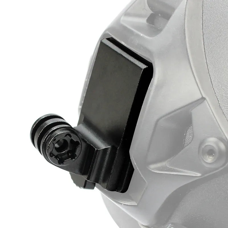 Aluminium alloy action camera helmet mount shown in classic colour next to a fixing bracket.