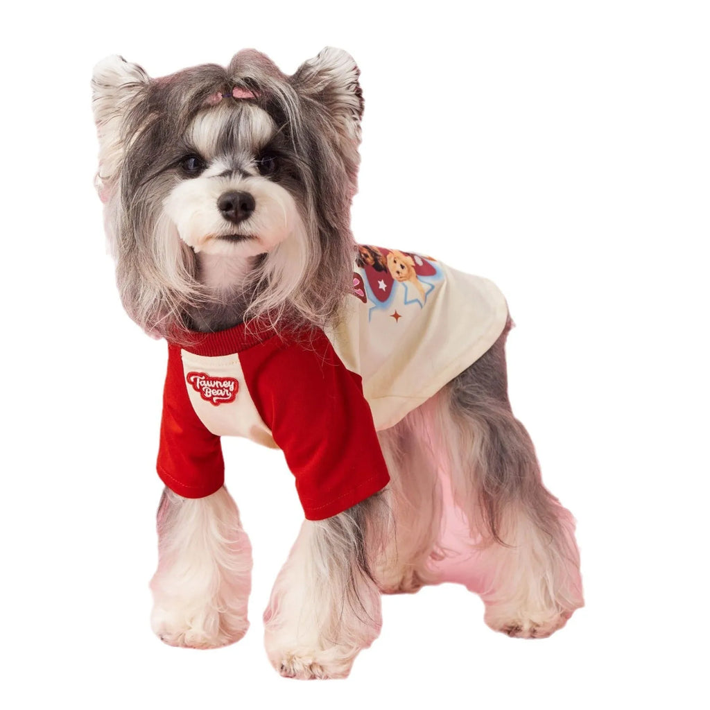 Cotton dog summer clothes with contrast embroidery in red or pink, available in sizes XS to XXL