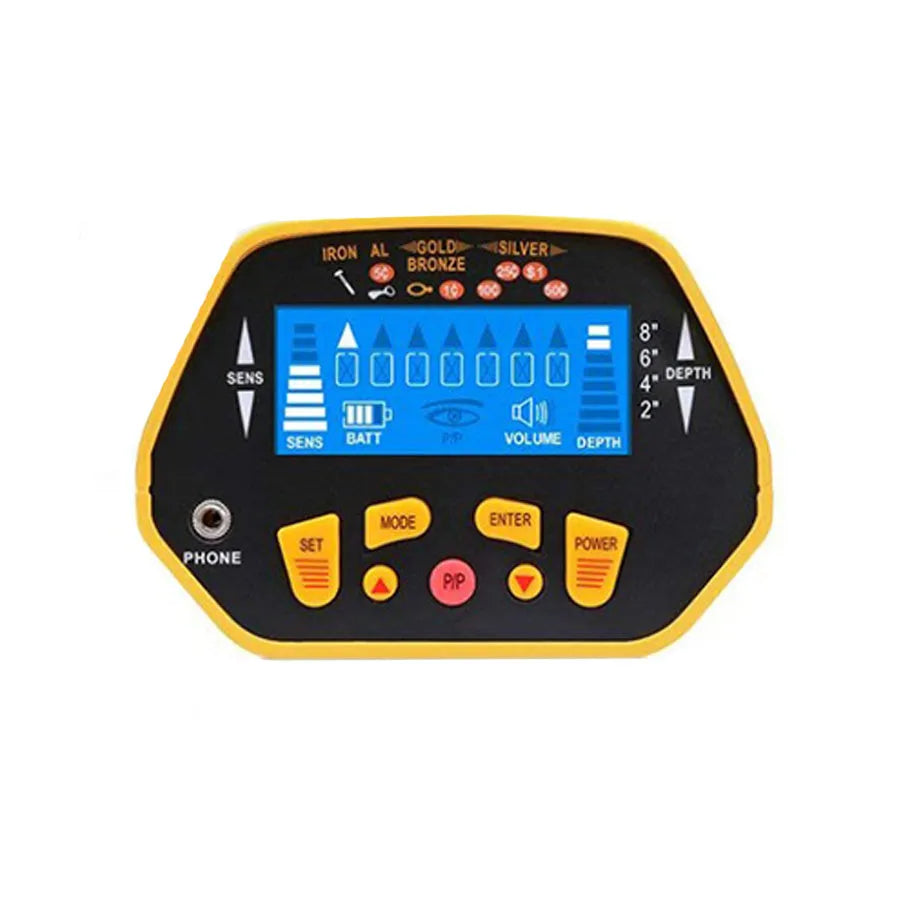 GC1028 black and yellow metal detector with LCD screen and waterproof search coil on adjustable pole.