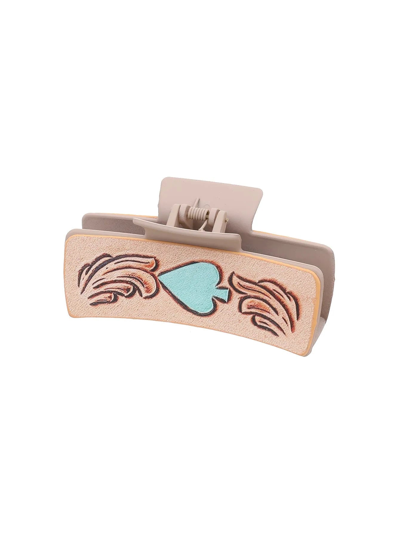 Gray artificial leather barrette with sunflower design and denim style texture for women