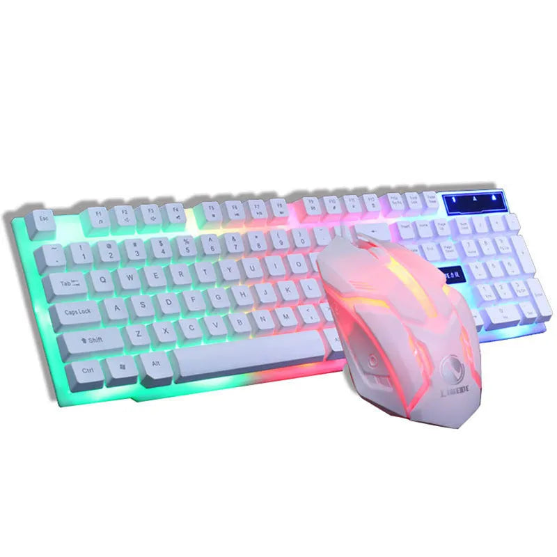 GTX300 black gaming keyboard and mouse set with glowing backlit keys and USB cables