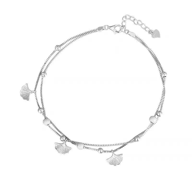 Silver plated ginkgo leaf anklet for women, simple flower shape on white copper base