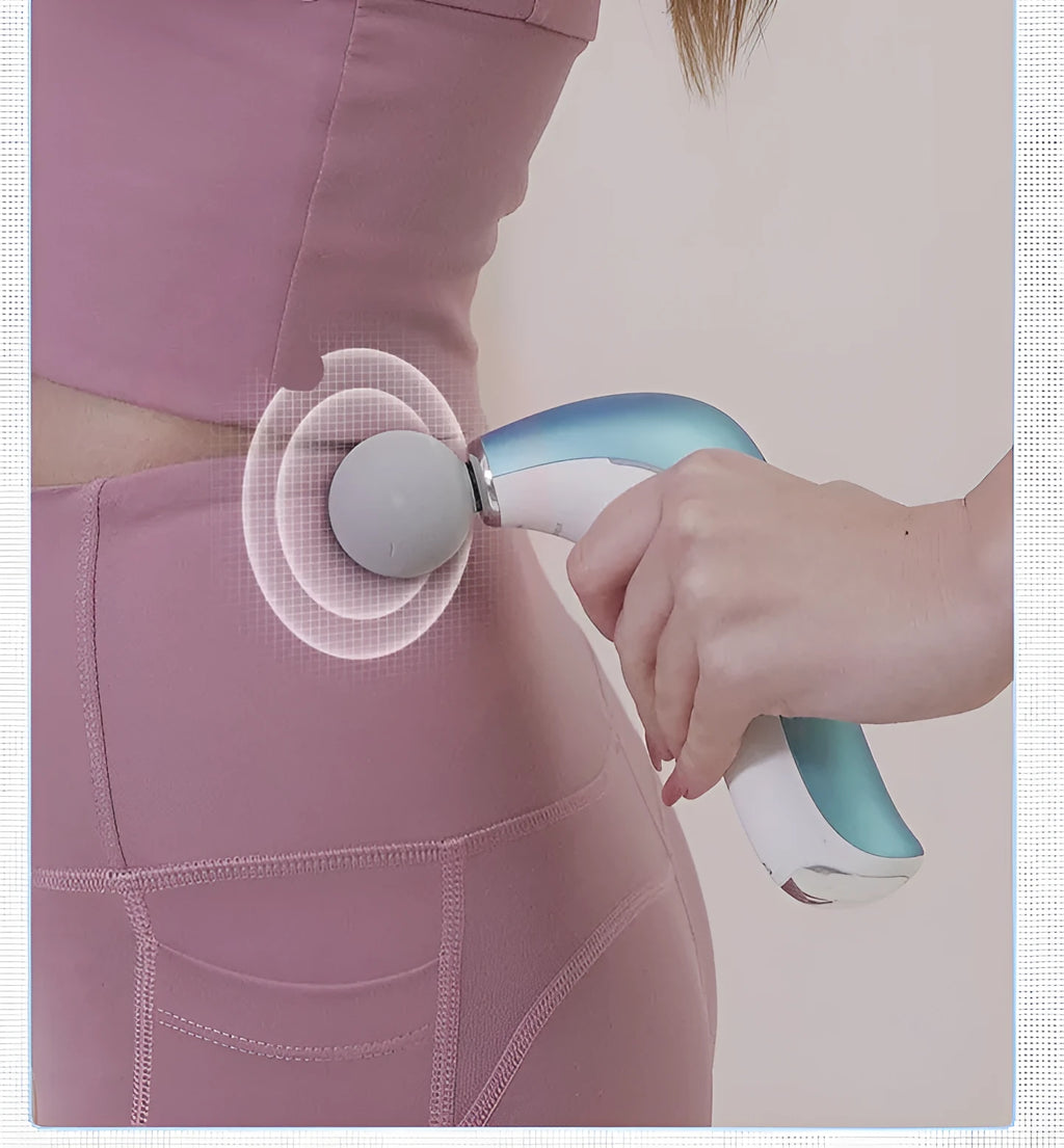 Mini electric massage gun with three heads in pink, star grey, and white, USB rechargeable