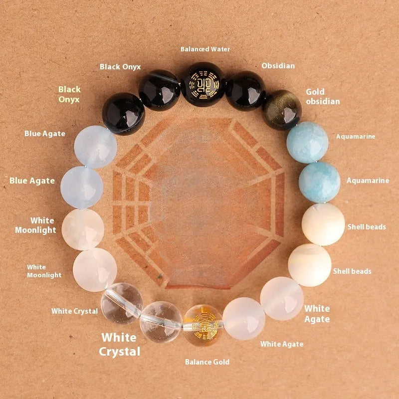Natural crystal bracelet with Chinese five elements complementary design in Earth Gold colour, 8mm beads on white background