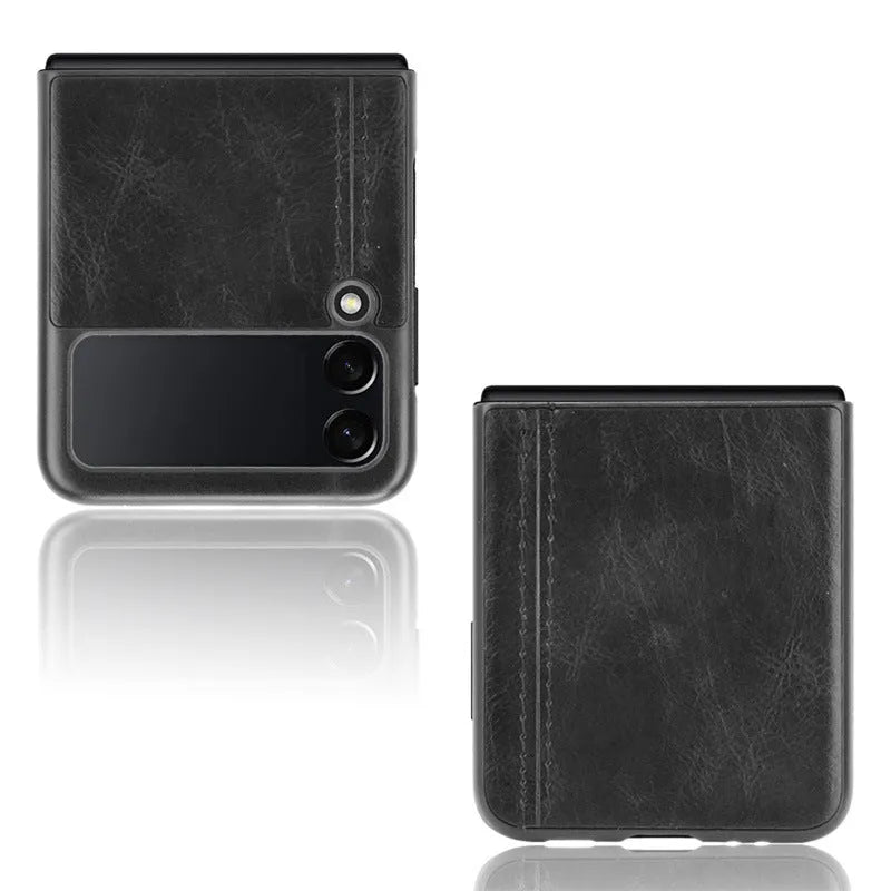 Cow pattern car thread phone case for Samsung Galaxy Z Flip 3 and 4, PC leather back cover in black.