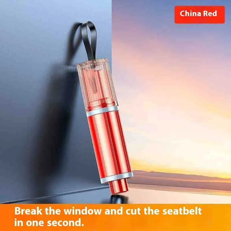 Black and red car safety life hammer with spring-loaded centre punch for emergency window breaking