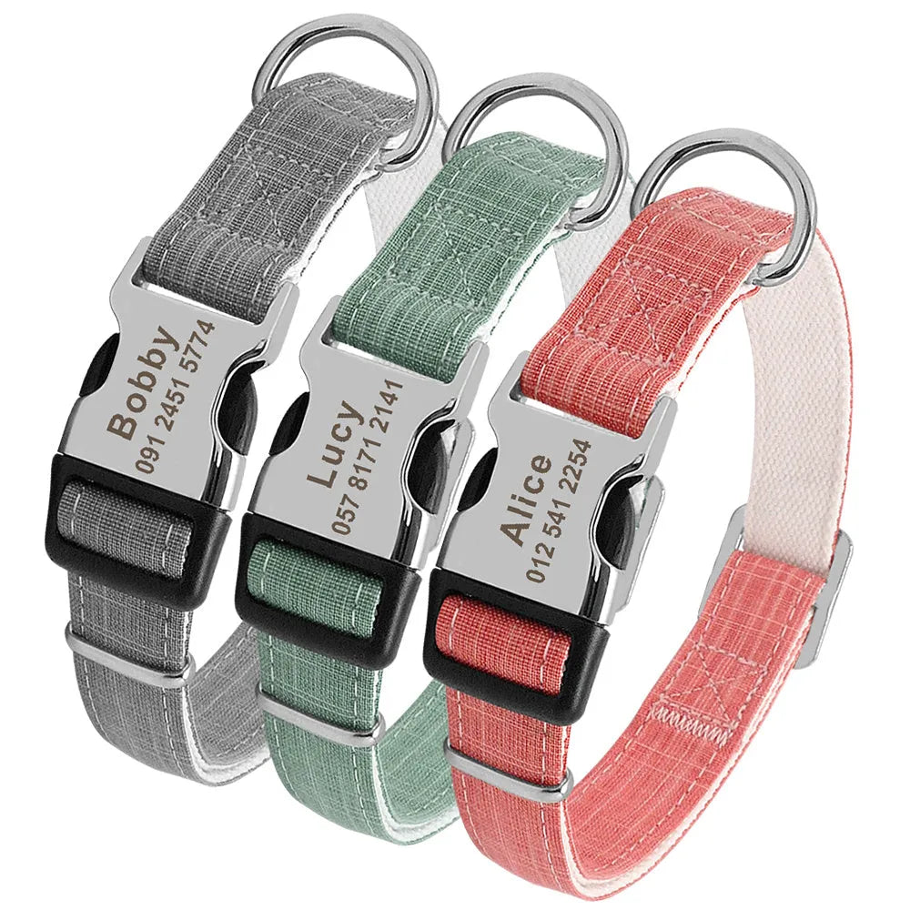 Custom engraved nylon dog collar with semi-alloy lock and D-ring, available in red, blue, and orange
