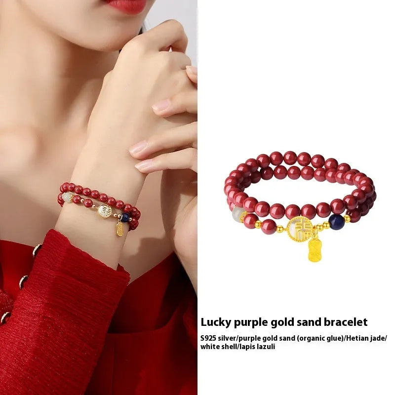 S925 sterling silver women's bracelet with white shell blessing card and purple gold sandstone charm.