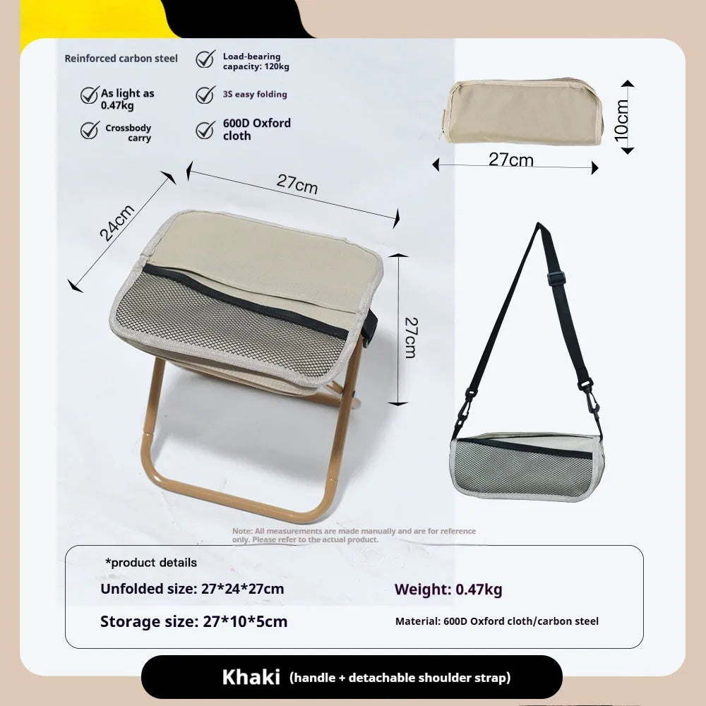 Lightweight foldable camp stool in Oxford cloth, shown folded and unfolded in khaki colour.