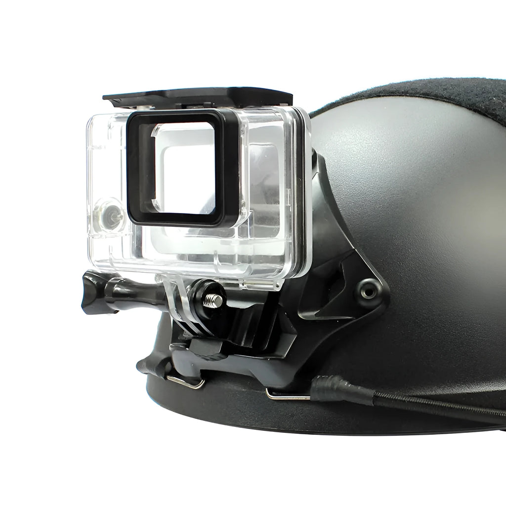 Aluminium alloy action camera helmet mount shown in classic colour next to a fixing bracket.