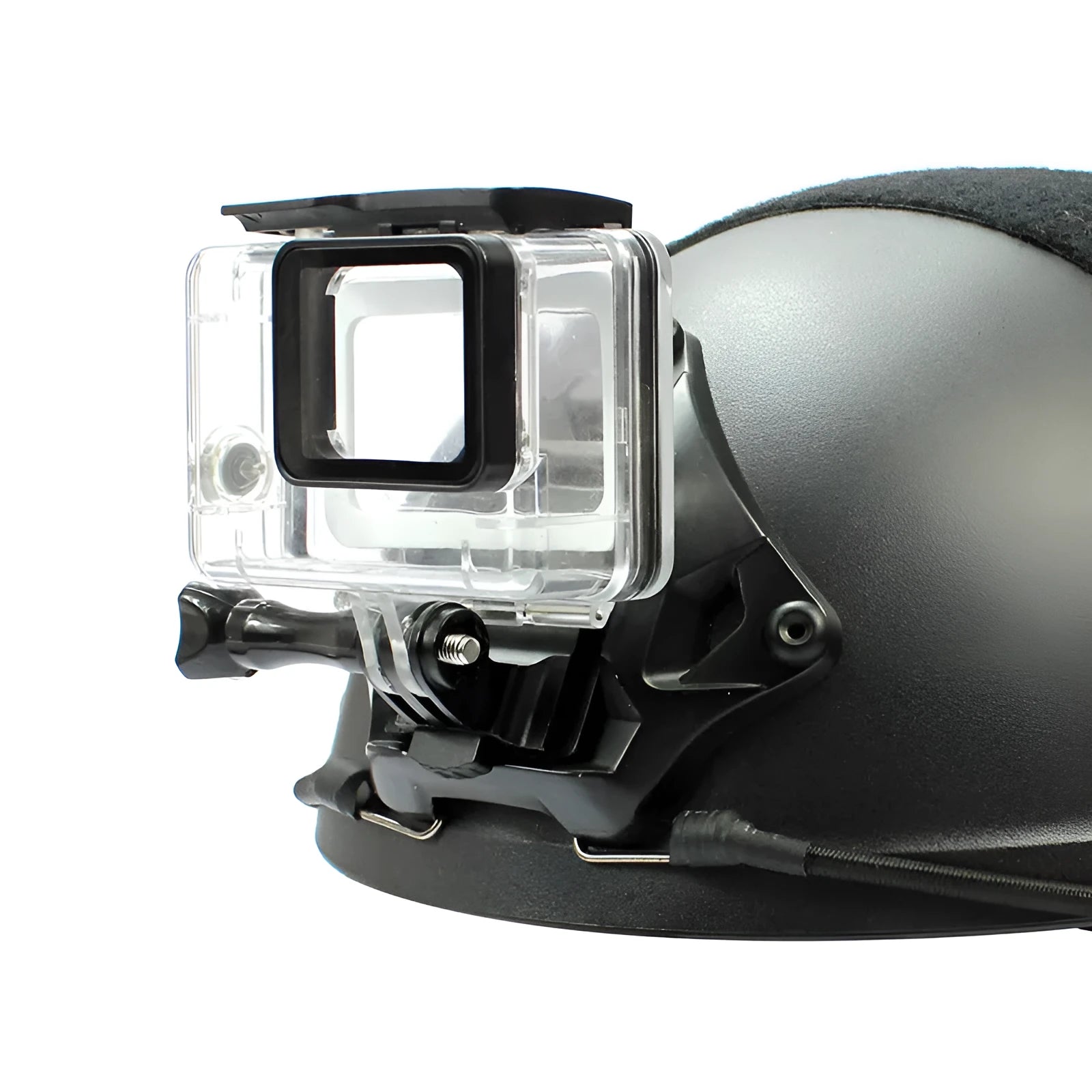 Aluminium alloy action camera helmet mount shown in classic colour next to a fixing bracket.