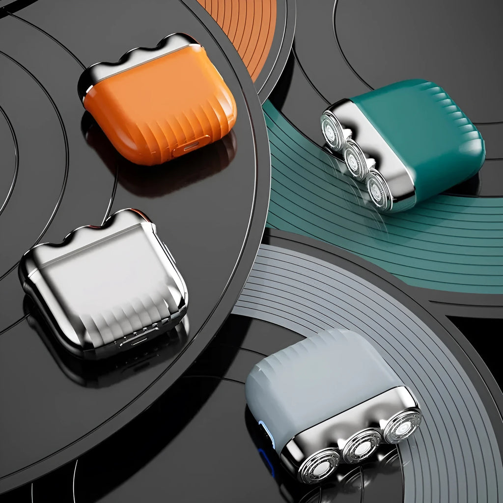 Three-head magnetic electric shaver in four colour options showing floating cutter design