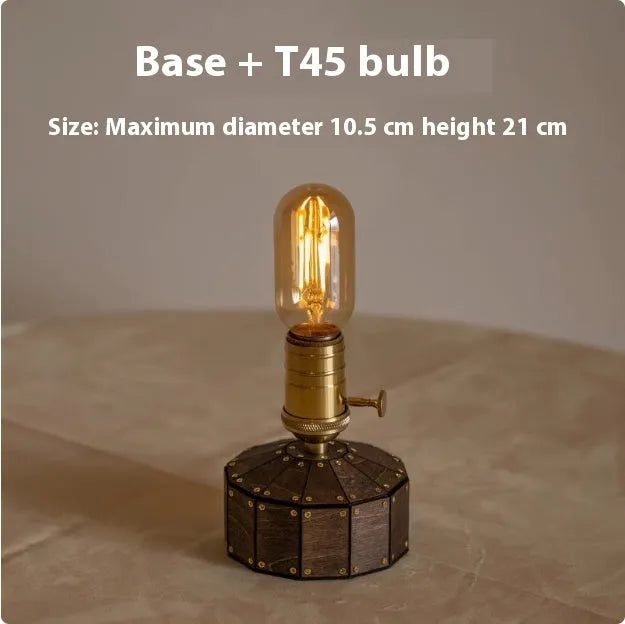Retro rechargeable LED bedside ambient light with glass lampshade and wooden base
