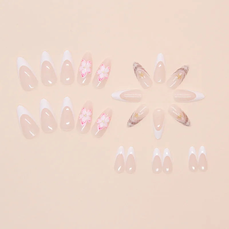 French style artificial false nails with floral rock pattern decoration in simple flowers colour