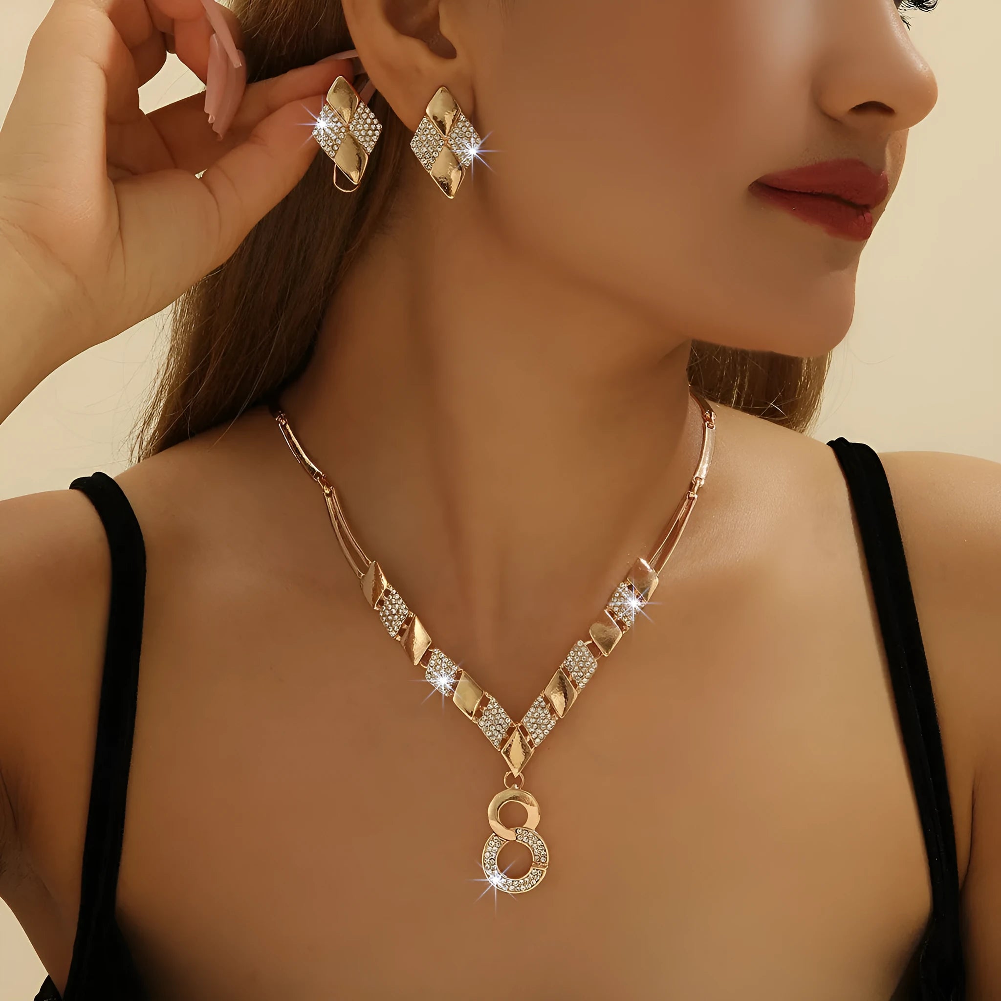 Gold electroplated zinc alloy necklace and earrings set for women