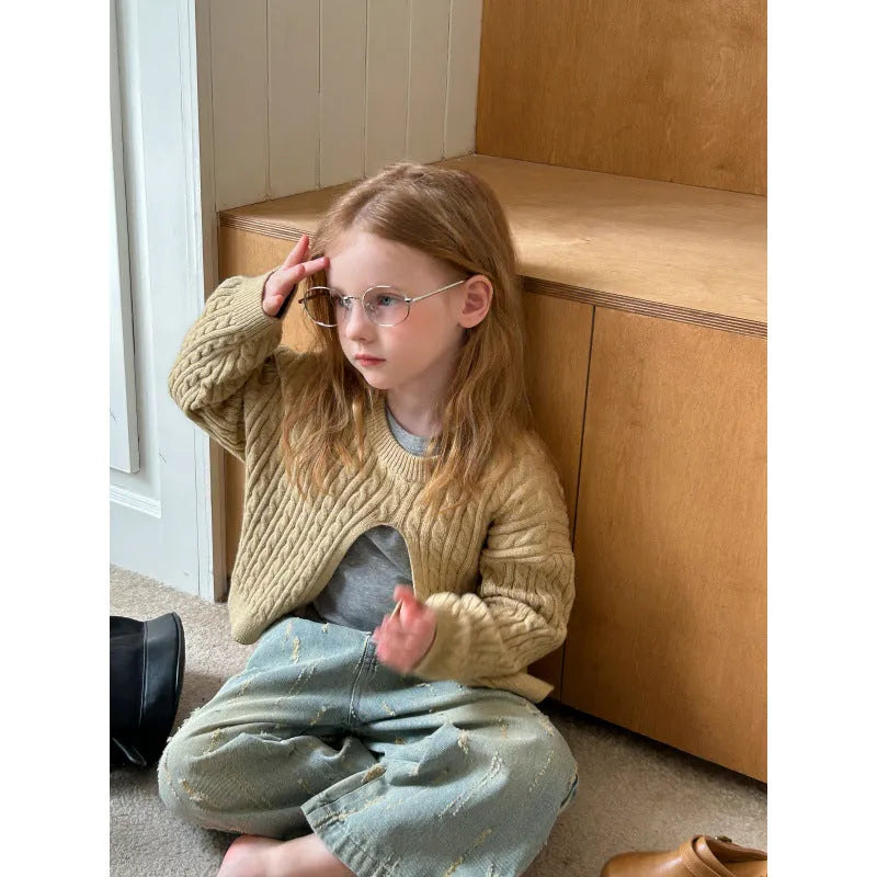 Girls' cotton knitted pullover in solid lotus root colour with retro split hem, suitable for heights 90-150cm