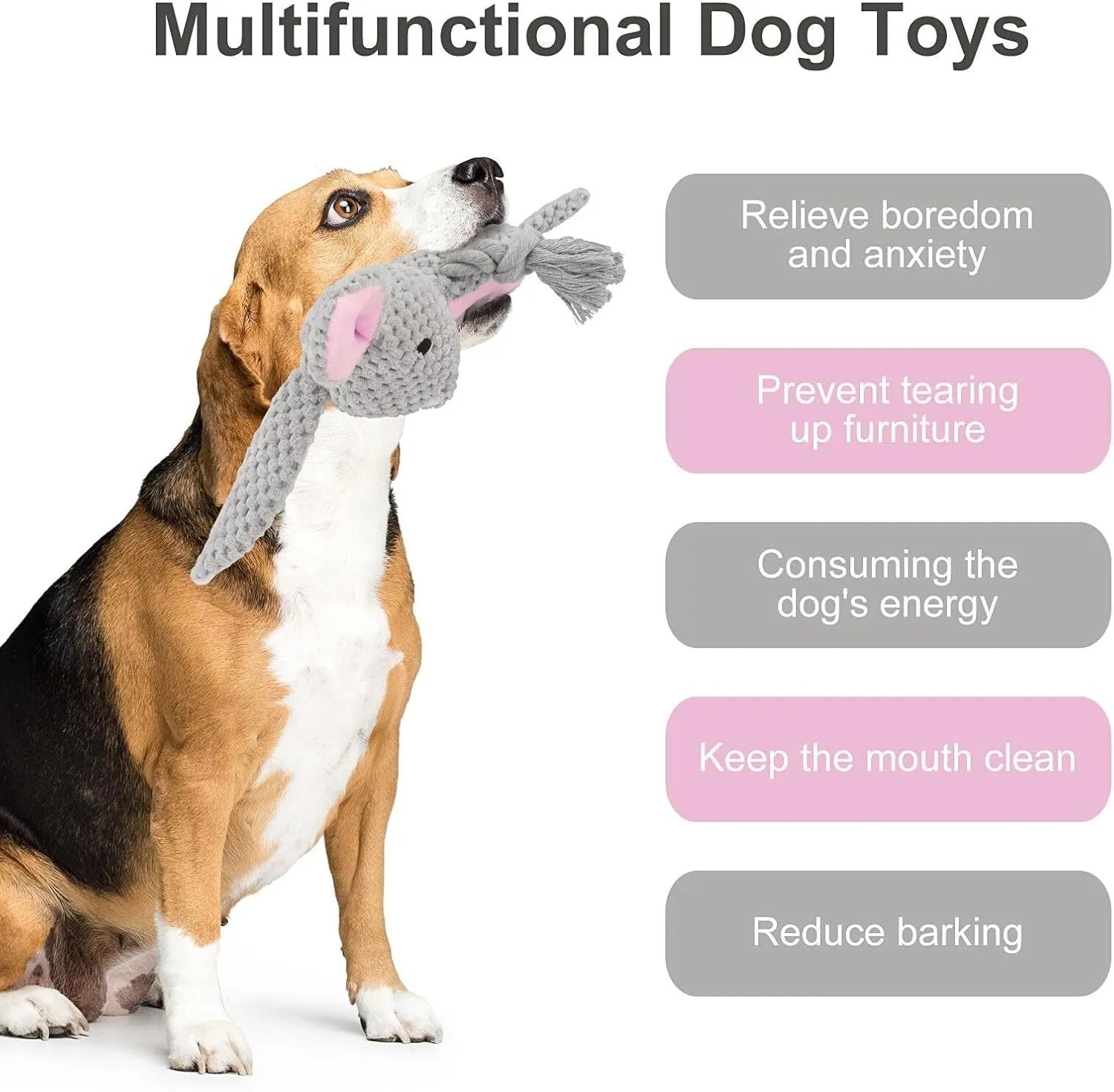 Interactive dog plush toy with squeaker and crinkle paper in elephant design with cotton rope