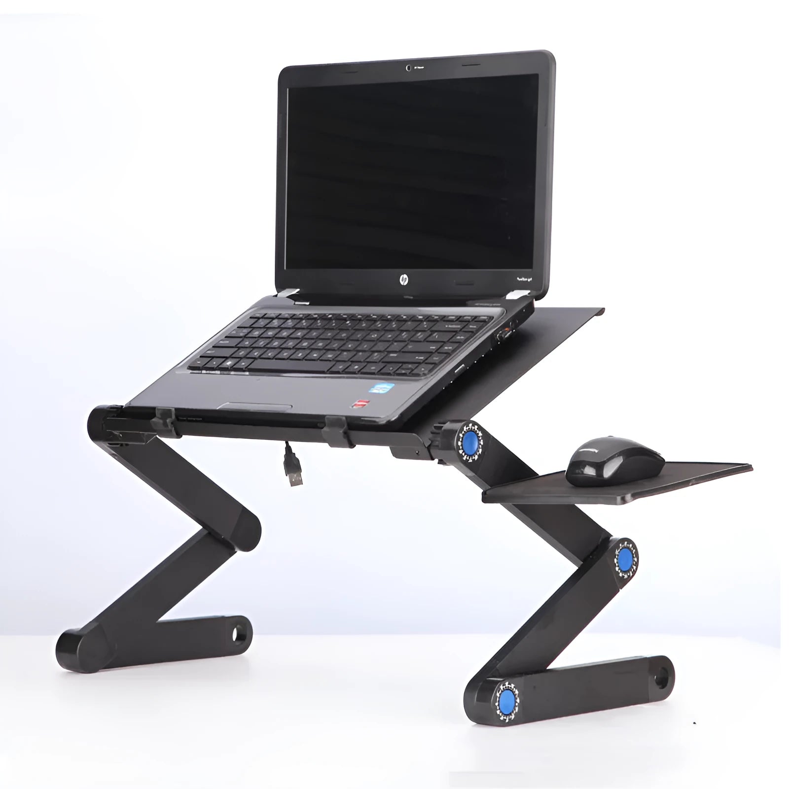 Adjustable folding laptop table stand with 360-degree rotation, magnesium alloy construction, and self-locking joints, in black colour