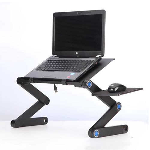 Adjustable folding laptop table stand with 360-degree rotation, magnesium alloy construction, and self-locking joints, in black colour