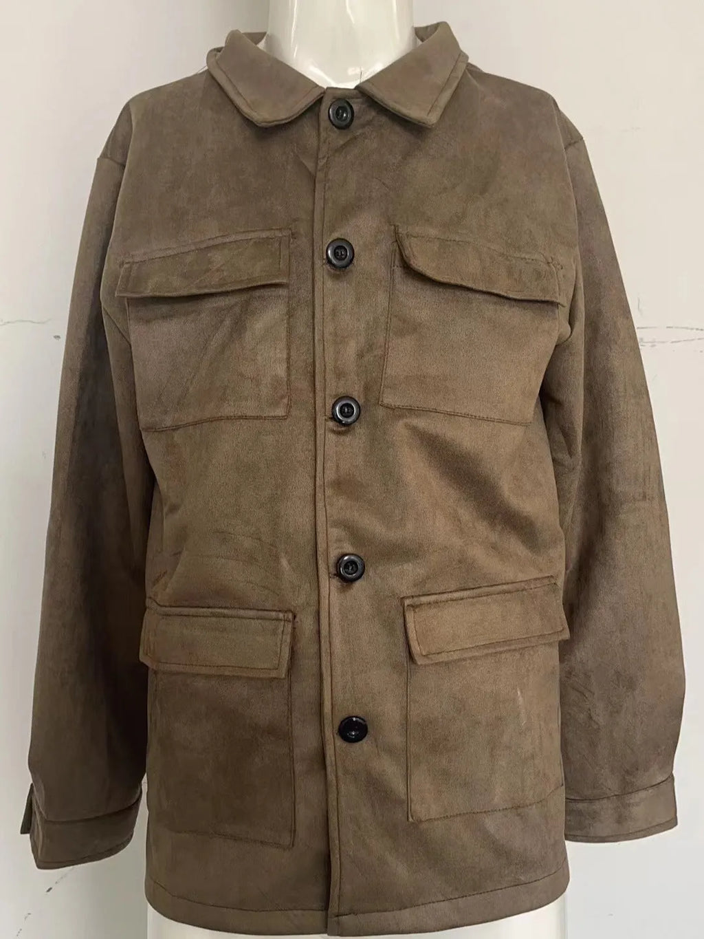 Men's solid colour multi-pocket trench coat in army green, polyester blend, front view