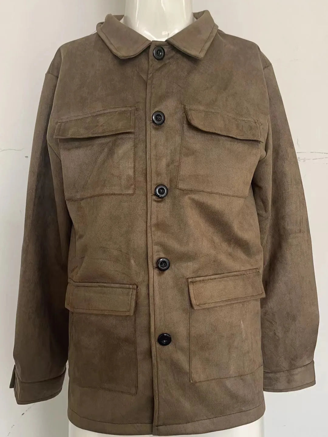 Men's solid colour multi-pocket trench coat in army green, polyester blend, front view