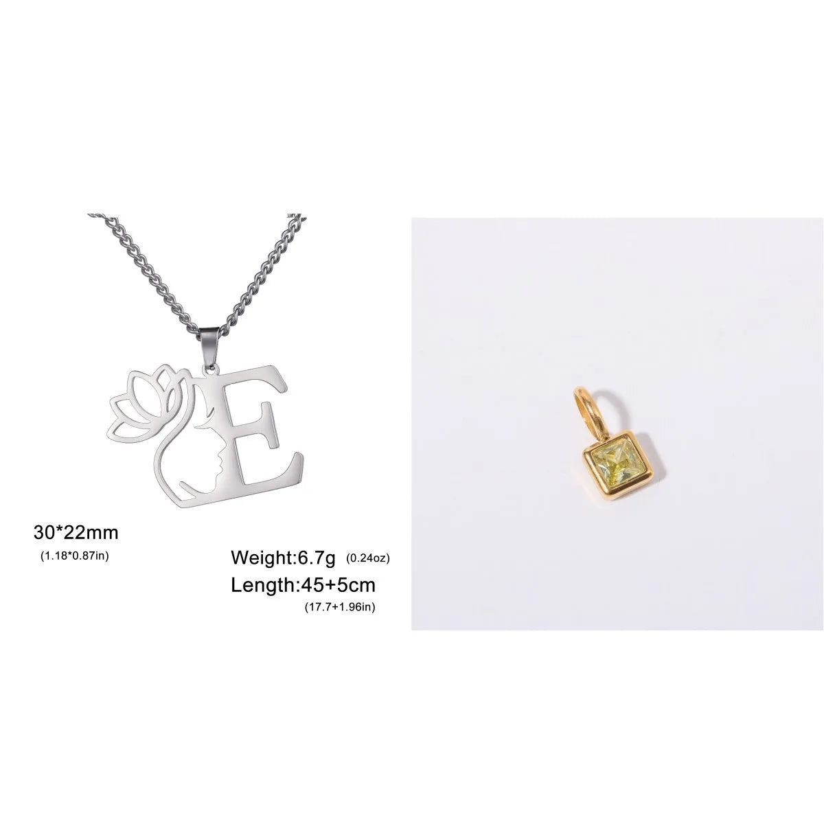 Stainless steel letter necklace with cross chain and single pendant in gold or silver finish.