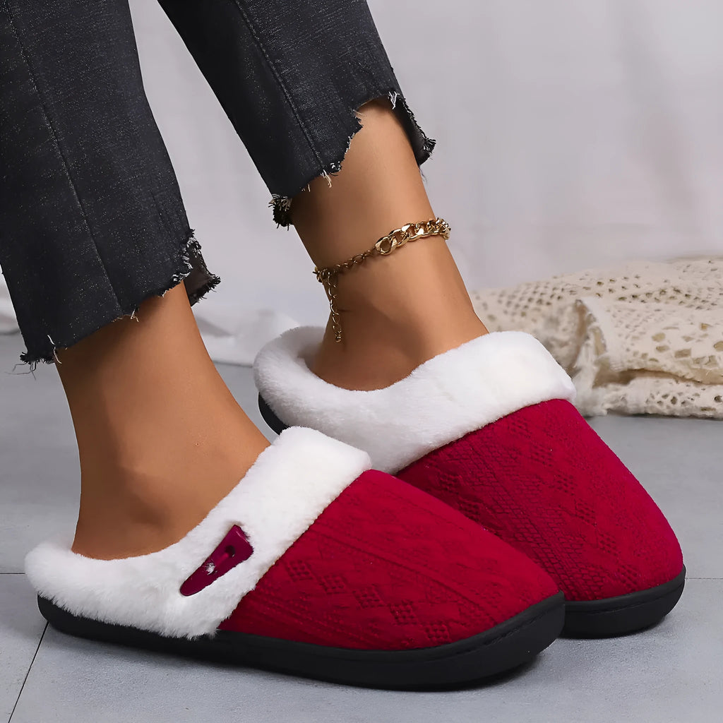 Winter cotton slippers with non-slip rubber sole, round toe, flat heel, in navy blue colour