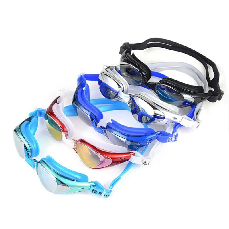 Anti fog swimming goggles with UV-resistant mirror lens and silicone ring in multiple colours