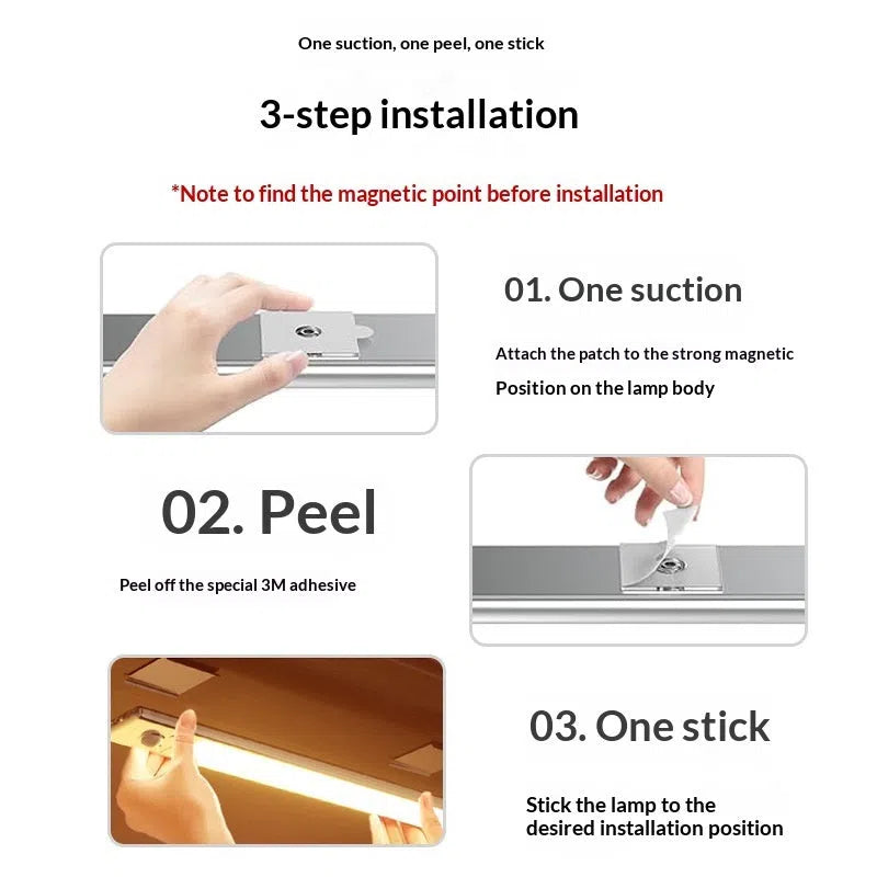 White plastic LED induction cabinet light 24cm with rechargeable battery and no-drilling mount
